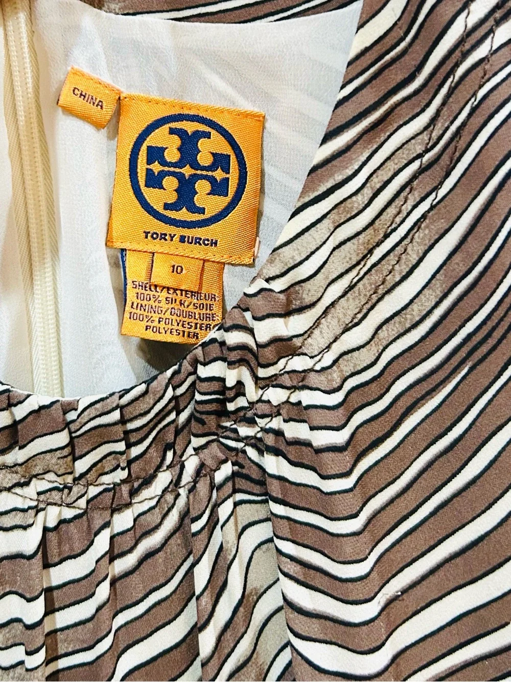 Tory Burch Espresso & Ivory Zebra Print Silk Midi Dress Luxury Designer Size 10